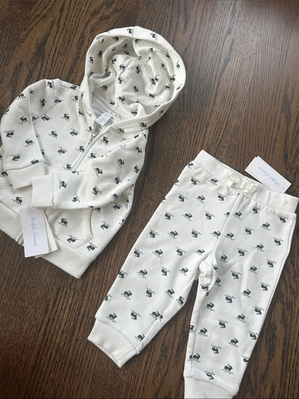 Ralph Lauren Cream Hooded Pajama Set with Dark Gray Moose Print 12M NWT